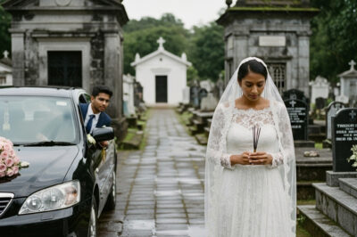 अपने नए पति के गृहनगर जाते हुए, दुल्हन ने ड्राइवर से कब्रिस्तान में रुकने को कहा ताकि उसके पूर्व पति के लिए धूपबत्ती जलाई जा सके। लेकिन वहाँ से निकलते ही, ड्राइवर ने दुल्हन को फुसफुसाकर बताया कि उसने क्या भयानक चीज़ देखी है।/hi